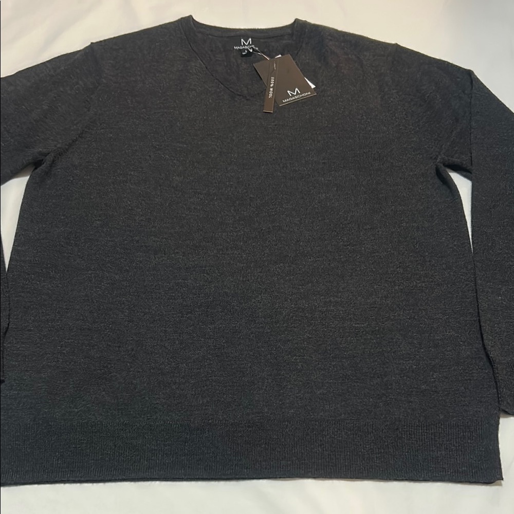 Magaschoni Men's Charcoal V-Neck Sweater L 100% Wool NWT